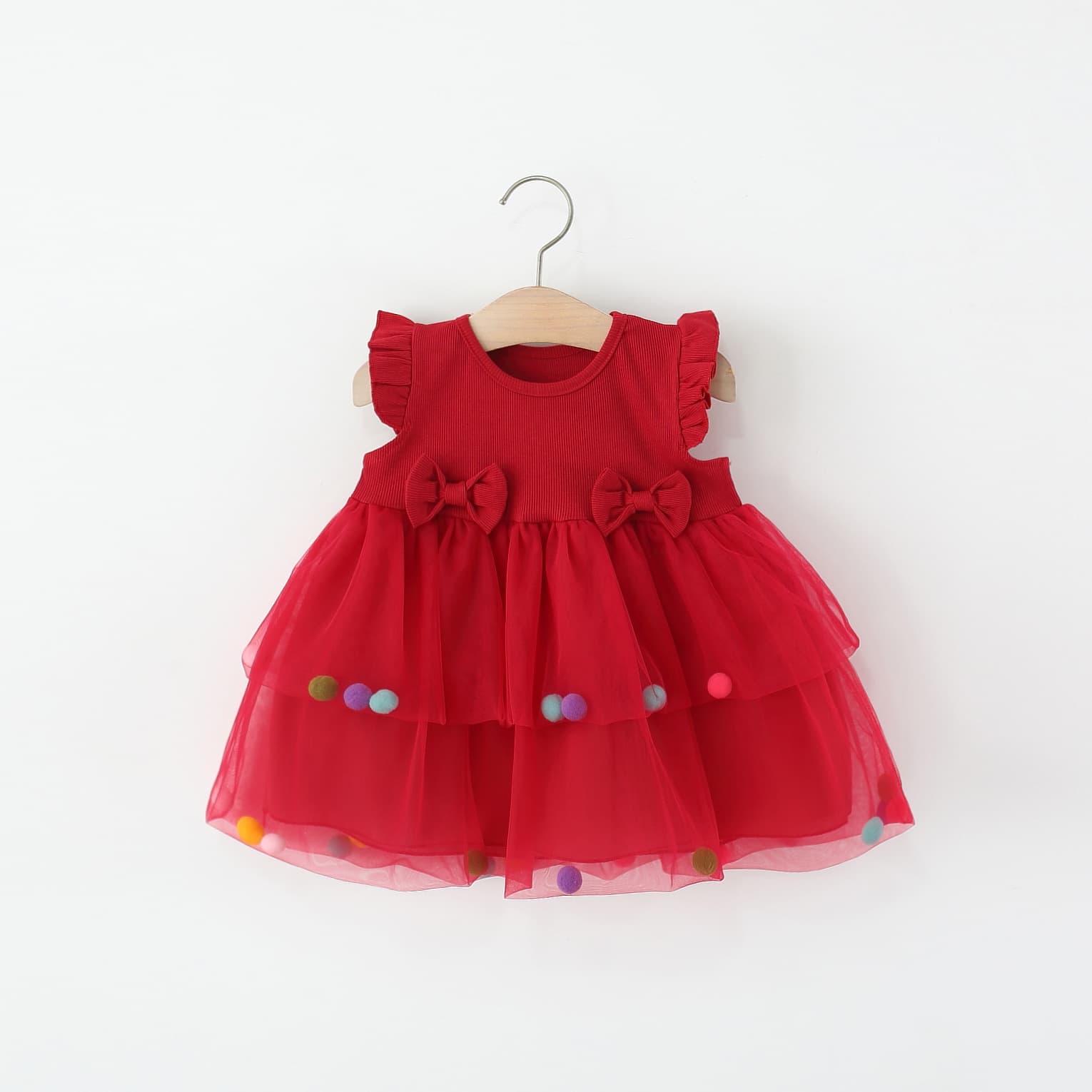 Summer New Children's Clothing Wholesale, Front Waist 2 Bow Knots Knit Mesh Spliced Small Flutter Sleeve Girls Dress