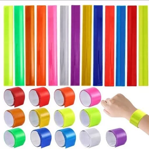 Reflective outdoor slap bracelets with flocking, various lengths, printed sizes, steel sheet processing, multiple colors available.