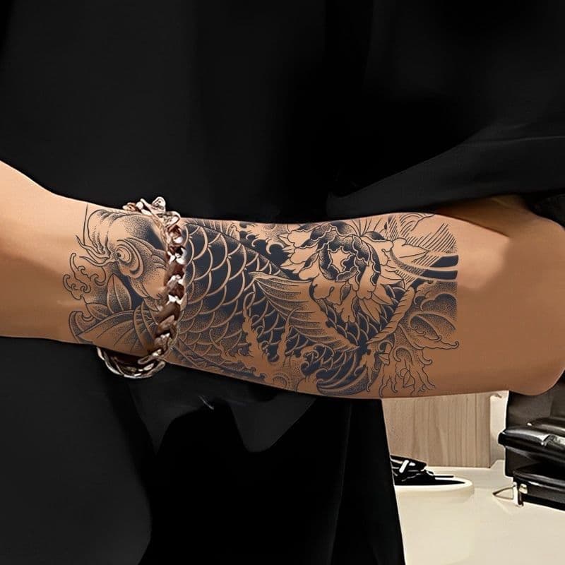 Fortune Koi Half-Sleeve Herbal Tattoo Sticker Waterproof Long-Lasting Men Women Realistic Tattoo Juice