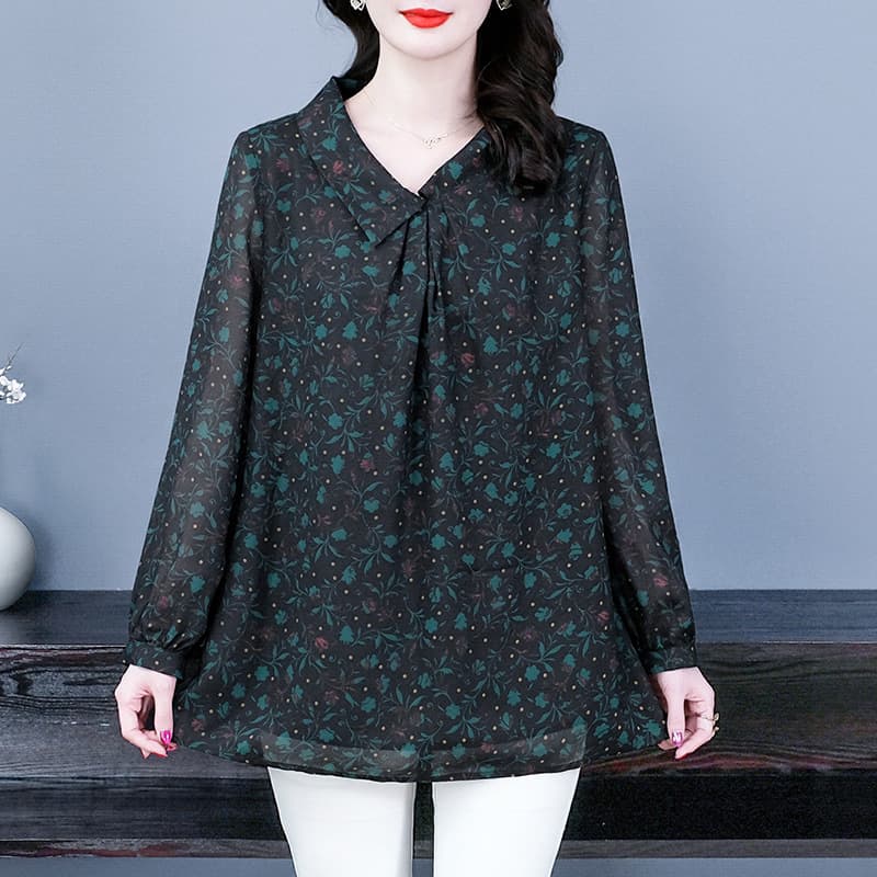 2025 Autumn/Winter New Loose Large Size 240 Jin Heavy Mom Middle-Aged Long Sleeve Chiffon Floral Print Shirt Top Women's Clothing