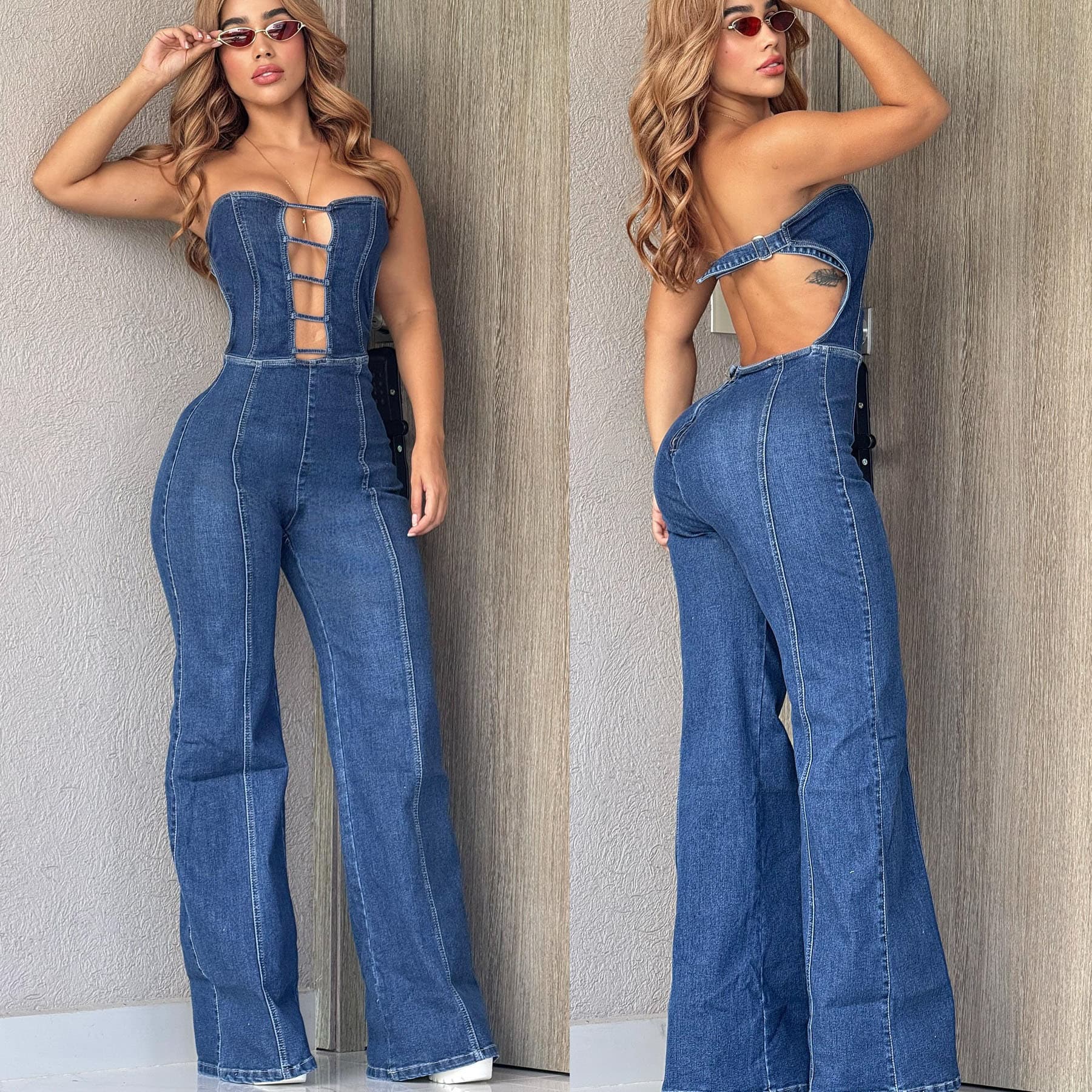 Women's Strapless Backless Slim Straight Wide Leg Denim Jumpsuit for Amazon AliExpress EU US Market