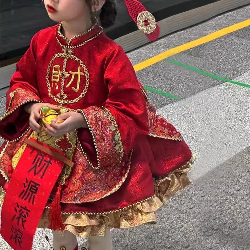 New Autumn/Winter Girls' New Year's Outfit Lolita Dress Heavy-Duty Red Dress Set