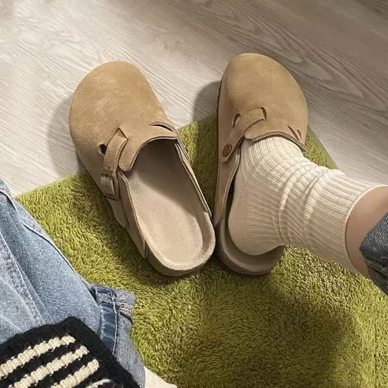 New autumn and winter Birkenstock shoes, cork thick-soled toe-cap slippers for women, fashionable and versatile outer wear flat-soled half-pack slippers for women