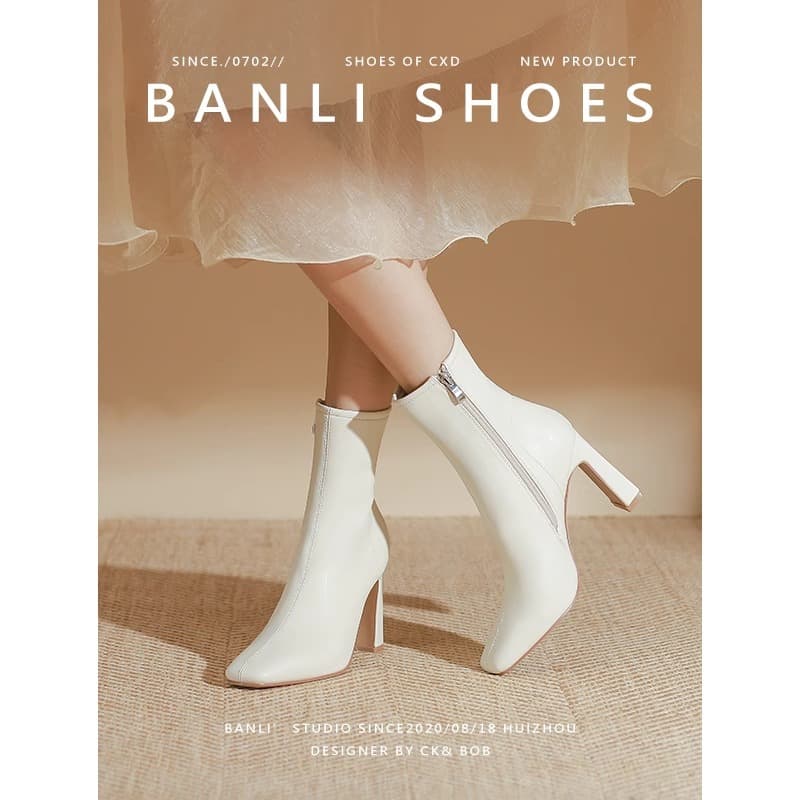 Leg-Lengthening Soft French-Style Elastic Short Boots for Women with Chunky Heels, Autumn and Winter Square-Toe Off-White Slim Boots, Spring and Autumn High-Heeled Short Boots