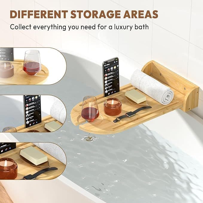 Bamboo Bathroom Tray Bathtub Wall Floating Bathroom Table Tray Rack Luxury Spa Bathtub Organizer Wooden Shelf