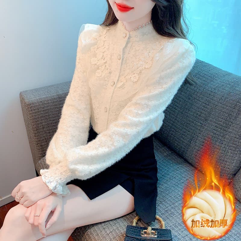 Fleece-lined and thickened lace base layer shirt for women, new autumn and winter style, 2025, French long-sleeved top and blouse.