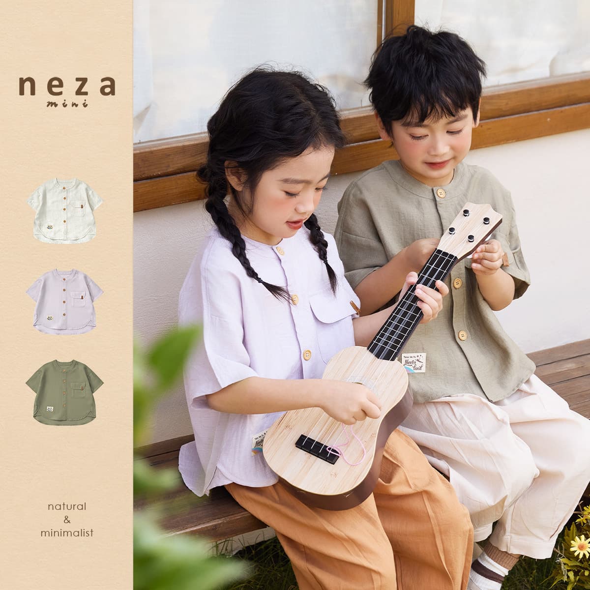 Neza [Summer Candy] Kids Summer Shirt Loose Cotton Linen Girl Round Neck Thin T-Shirt Boy Short Sleeve
