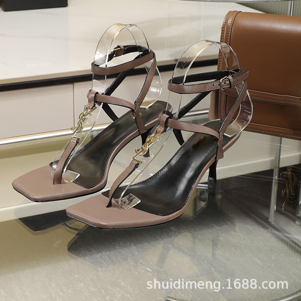 Top Sandals Slides High Heel Women's YS Metal Letter Buckle Thin Heel Cowhide Women's Sandals Genuine Leather Sole