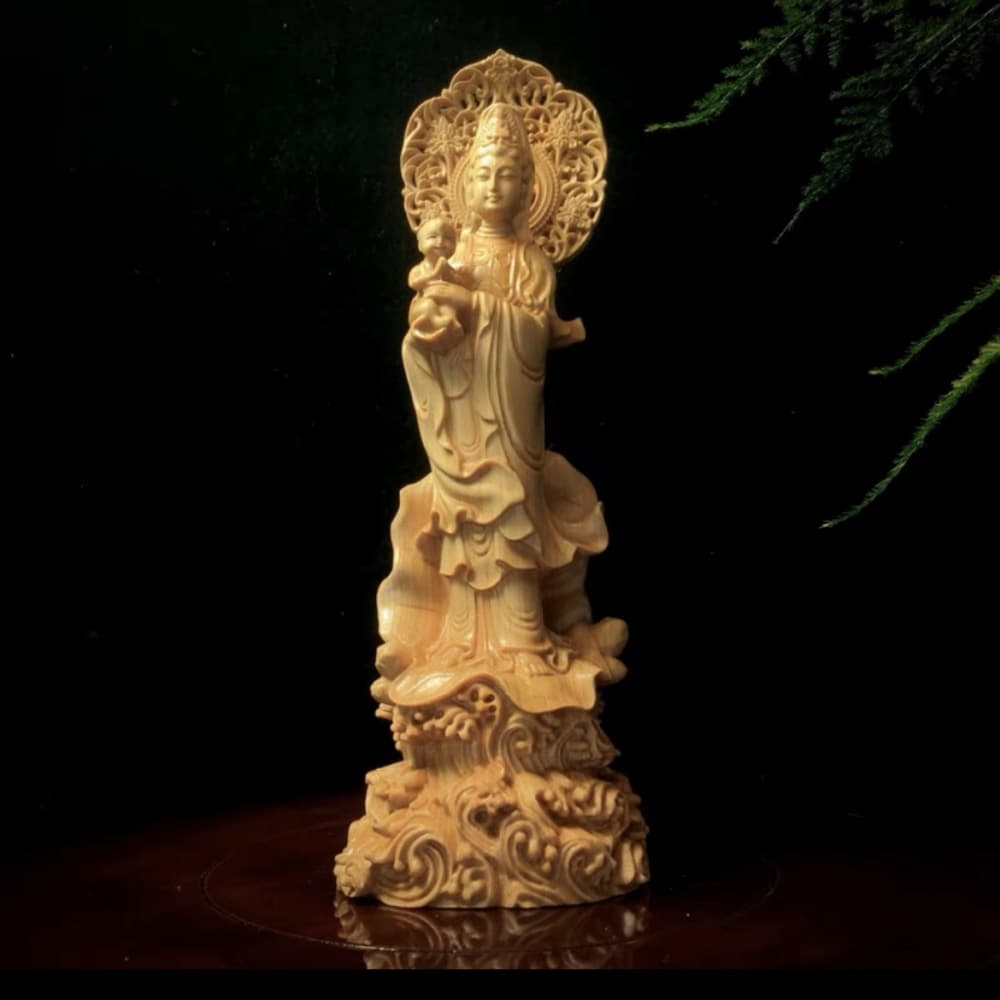 Cypress Wood Carving Guanyin Bodhisattva Ornament Handheld Piece Prayer Beads Guanyin Riding Dragon Guanyin Child-Giving Guanyin Thousand-Hand Guanyin