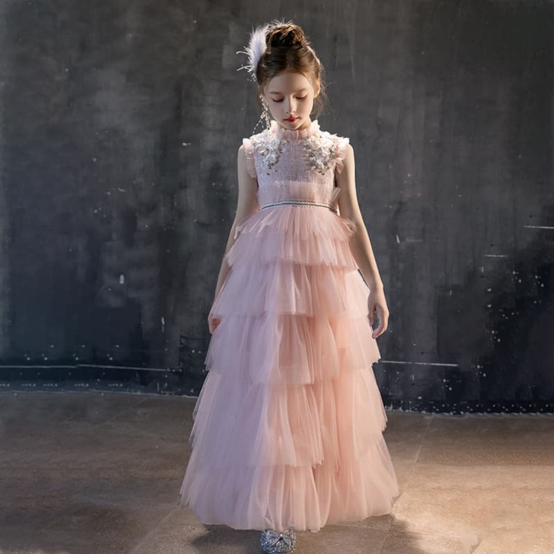 Girls' Evening Dress Pink Chanel-Style Princess Gown for Kids, Flower Girl Birthday Host Piano Performance
