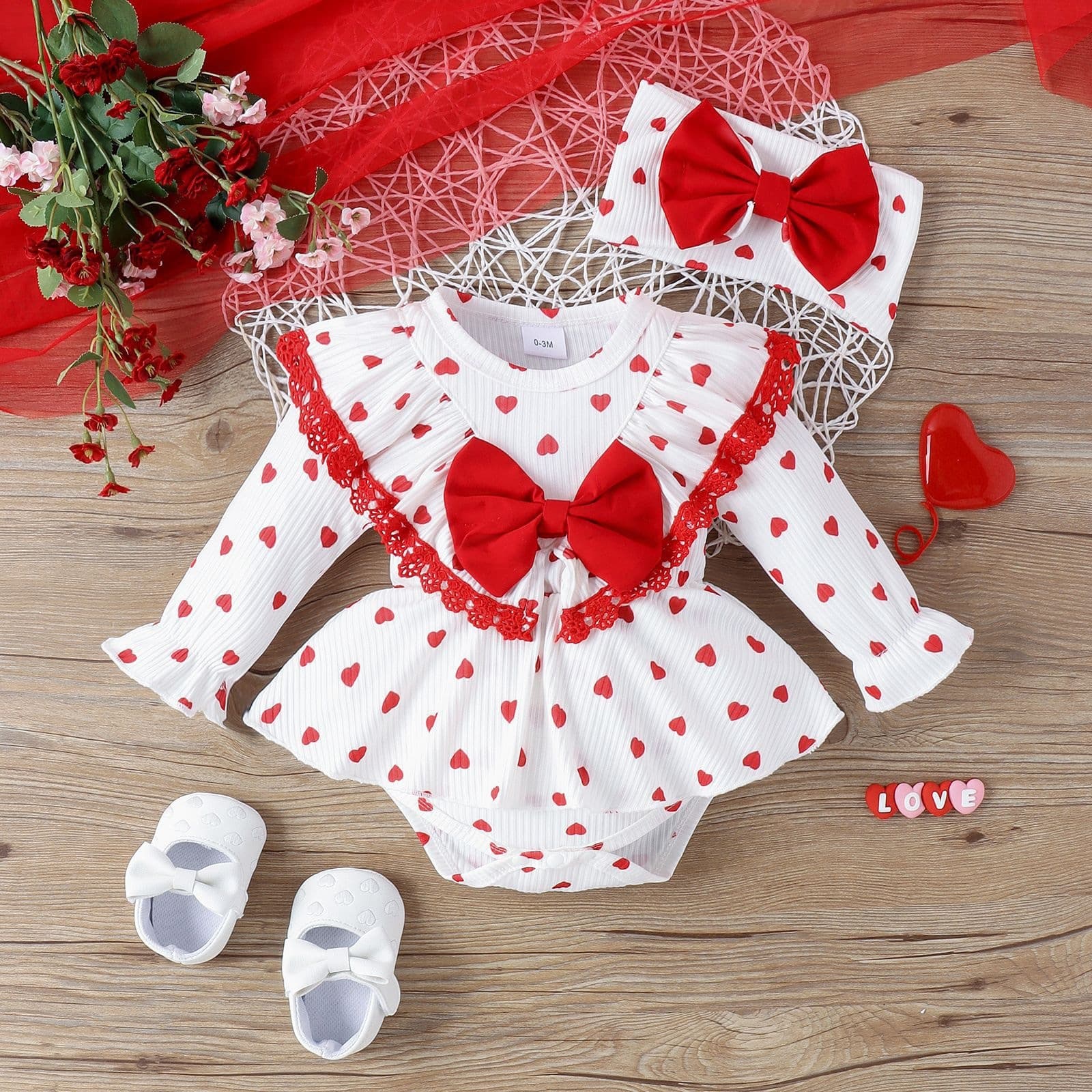 New Cross-Border Baby Romper Polka Dot Hot-Selling European and American Style Bodysuit Children's Clothing Set with Hair Accessories Baby Love