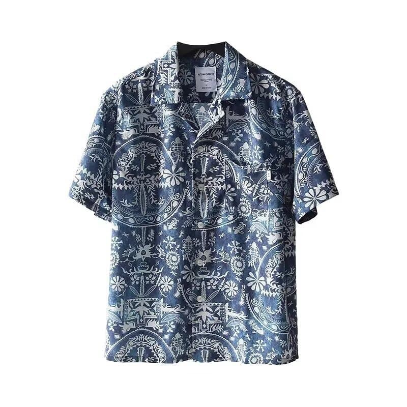 Factory Direct Cuban Collar Printed Short Sleeve Shirt Hawaii Vacation Leisure Digital Print Shirt Big Size Men's Clothing