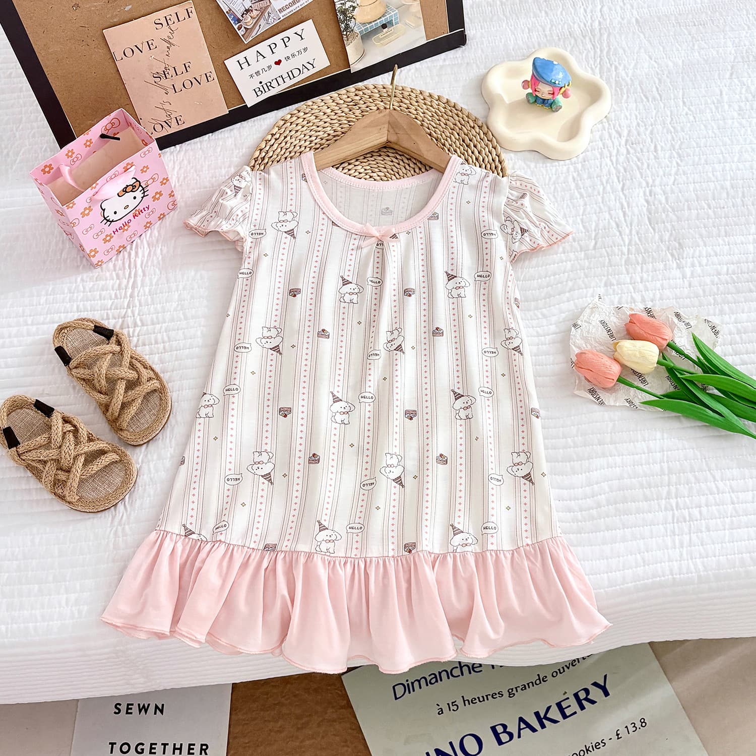 Summer New Girls' Nightgown, Lyocell Robe, Children's Lace Floral Short Dolman Sleeve Sleepwear, Air Conditioning Wear, Factory Wholesale