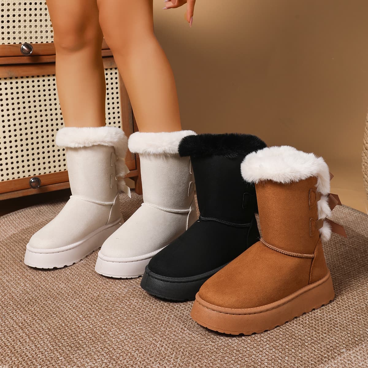 Thick-soled Warm Snow Boots for Women 2025 Winter New Plus Size Platform Fleece-Lined Thickened Fur Collar Mid-Calf Cotton Shoes