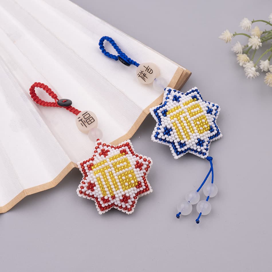 Snowflake Blessing Red Flat Knot Auspicious Cross Stitch Double-Sided Beaded Embroidery Pendant Handmade Beading Material Kit Keychain