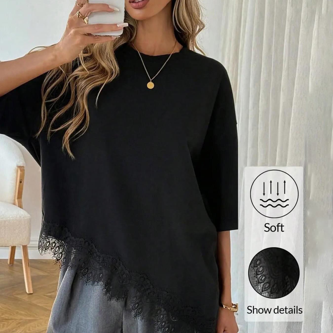 226 Cross-border European and American Amazon Casual Round Neck Loose Hem Lace Patch T-Shirt Comfortable Versatile Daily Top