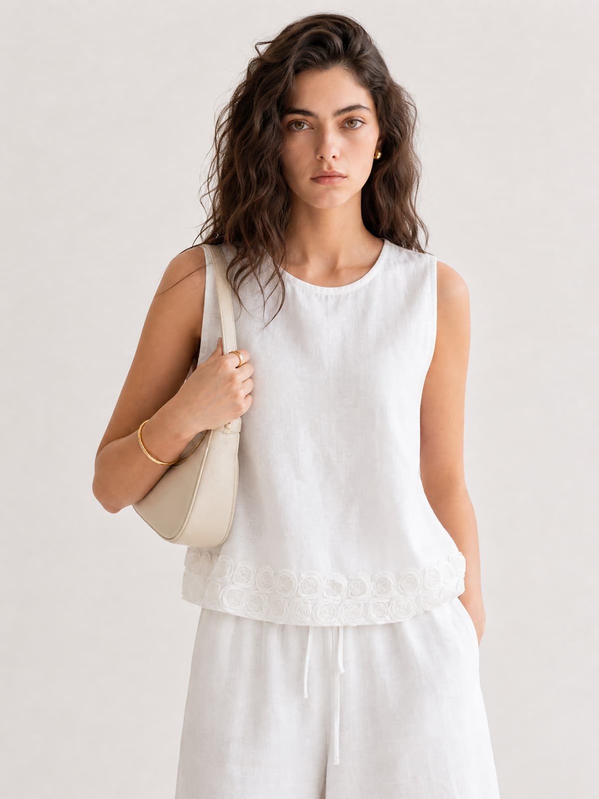 2026 Summer New French Sleeveless Linen Shirt with 3D Rose Embroidery