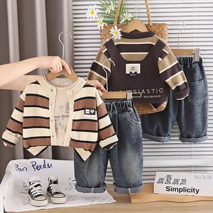 2026 New Boys Autumn Outfit Set Baby Spring Fall Striped Sweater 3-Piece Children Kids Clothes Wholesale