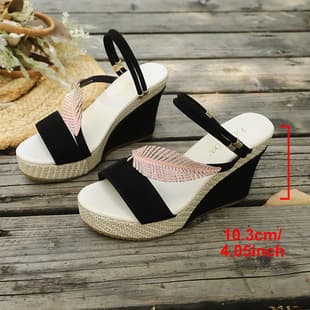 Large Size Platform Wedge Sandals for Women, Cross-Border Thick Sole Rhinestone Leaf Lightweight Wedge Sandals, Versatile Women's Wholesale