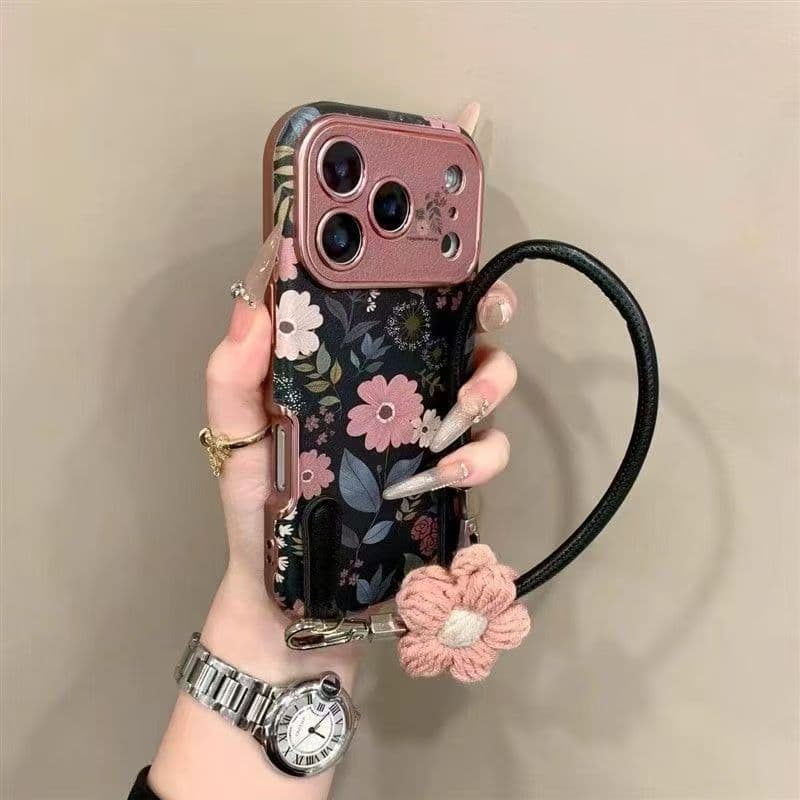 Autumn and winter leather retro pink daisy suitable for iPhone17pro mobile phone case Apple 16pro large window 15pr