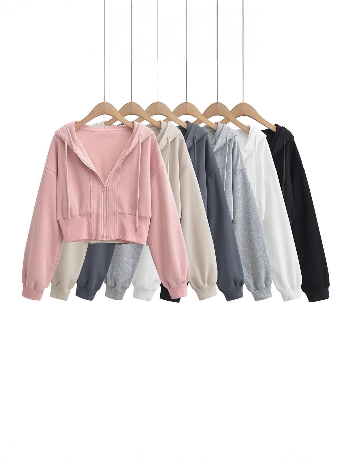 Women's European and American Style Short Double Zipper Hoodie, Solid Color Loose Fit High-Waist Casual Jacket Trendy