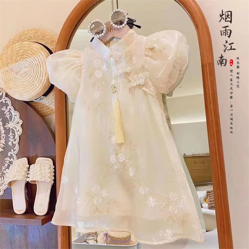 2025 Summer New Arrival Girls Chinese Style Cheongsam with Slanted Frog Buttons, Puff Short Sleeves, Floral Embroidery, Fairy Princess Dress
