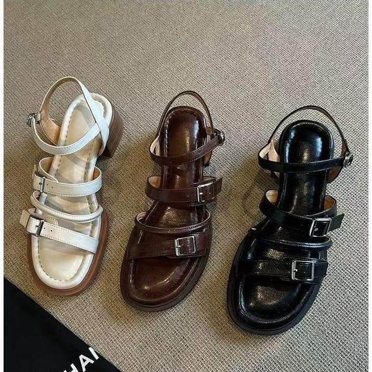 Sheepskin Version~Thick Sole Versatile Chunky Heel Black Open-Toe Sandals for Women Summer Outdoor Casual Soft Sole Roman Sandals