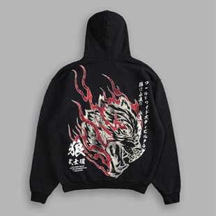 DARC American High Street Flame Wolf Head Bushido Hoodie Streetwear Loose Pullover Hooded Sweatshirt
