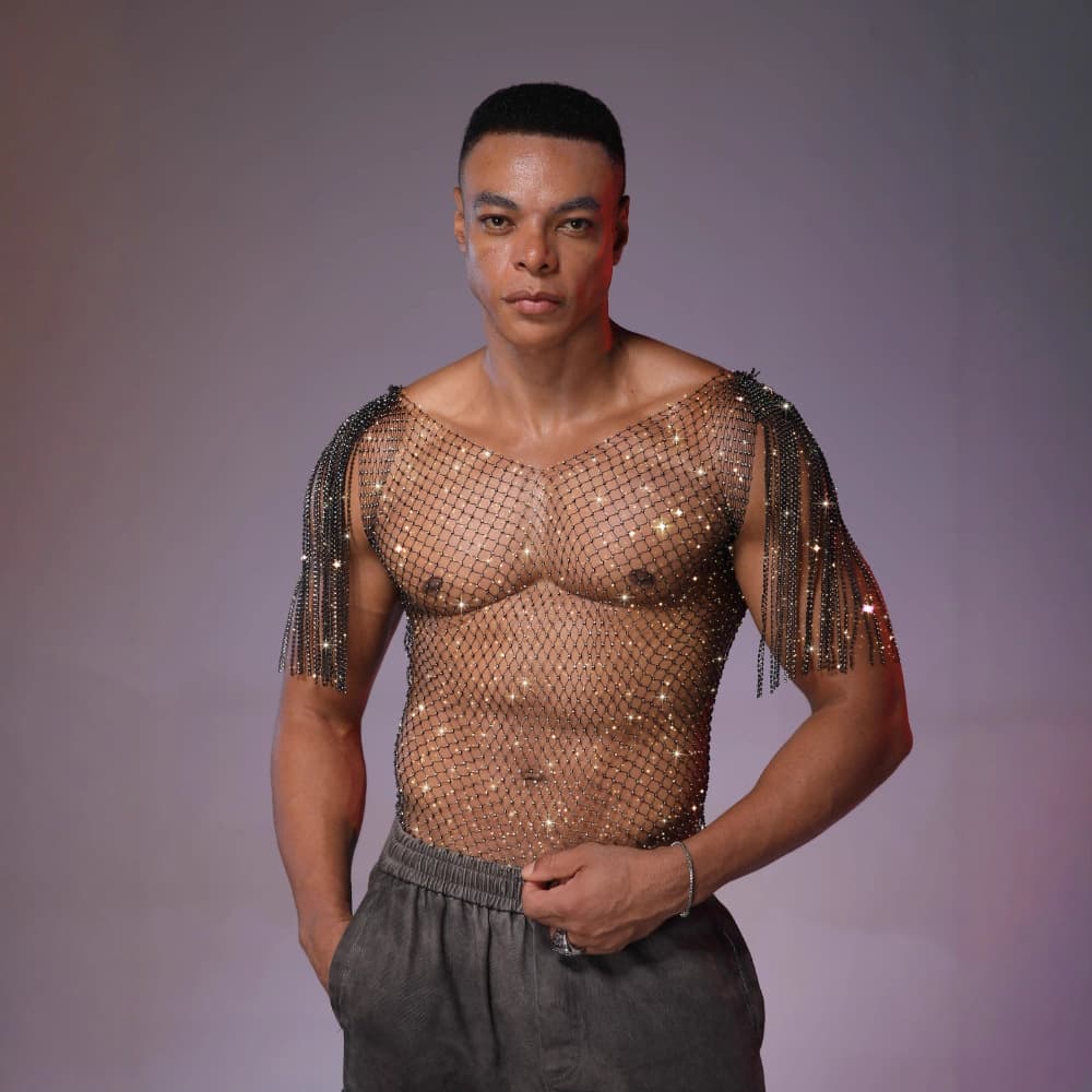 European and American Cross-Border Party Men's Rhinestone Sexy Sparkle Mesh Fringe Top Nightclub See-Through Fishnet Men