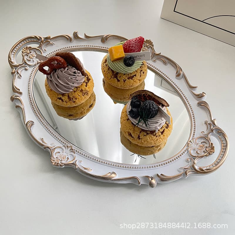 Nordic Light Luxury Retro Mirror Plastic Tray Cake Tray Dessert Table Decorative Ornament Home Photo Prop
