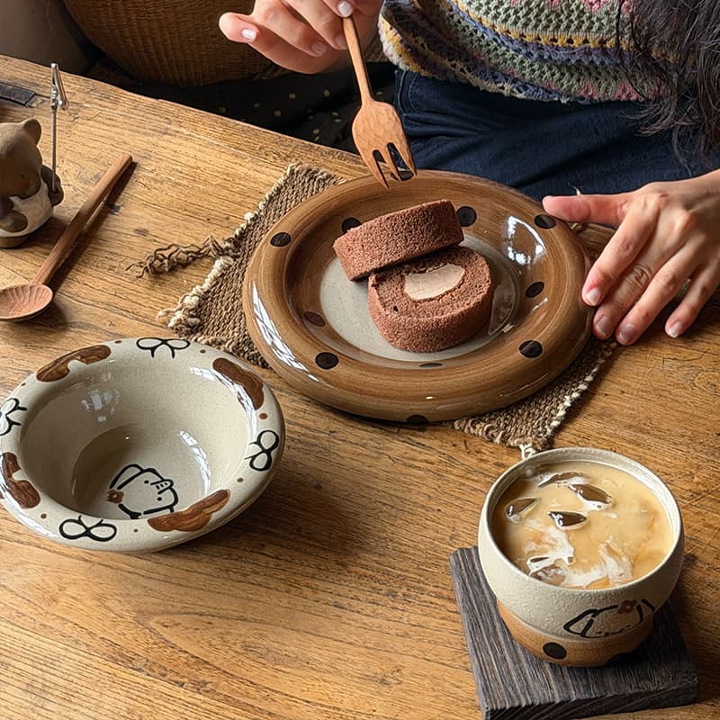 Hand-Painted Cute Elephant Stoneware Bowl and Plate Set Vintage Underglaze Ceramic Tableware Household Rice Bowl Coffee Cup and Saucer