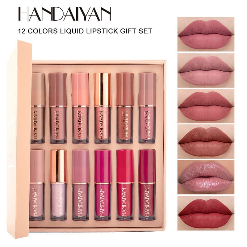 Hot-selling export item: HANDAIYAN 12-color book-style lip gloss set, matte and pearlescent, non-sticky, wholesale.