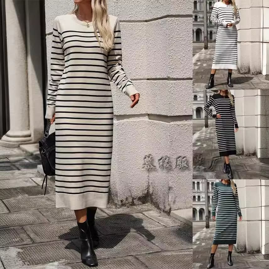 2024 winter cross-border Amazon slim-fitting mid-color women's sweater striped long skirt autumn and winter dress green striped