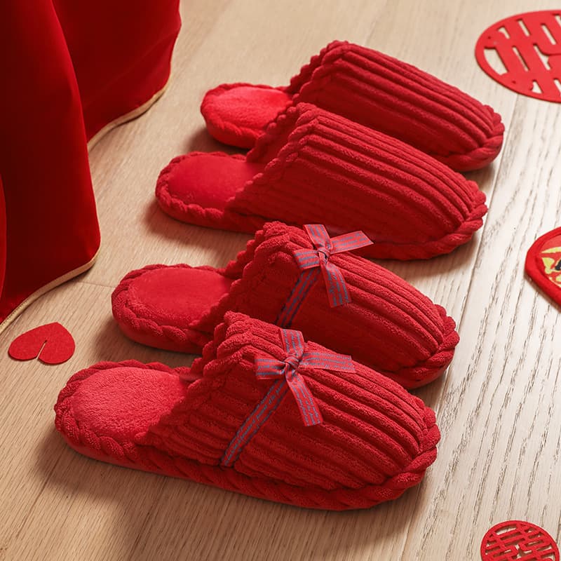 Wedding slippers, festive red for winter, a pair for bride and groom, wedding couples, red slippers for their zodiac year.