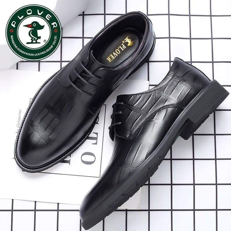 PLOVER Men's Leather Dress Shoes, Genuine Leather, Breathable, Formal Business, British Style, Height-Increasing, Korean Casual, Wedding Shoes