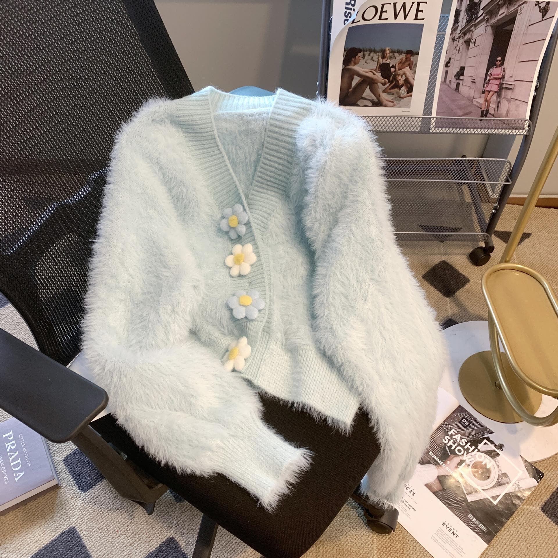 2025 autumn/winter new faux mink fur knit cardigan for women, gentle style 3D floral soft coat.