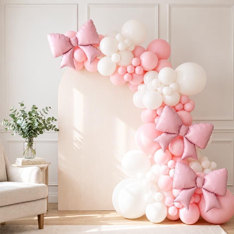 Pink and White Bow Balloon Chain Set Birthday First Birthday Outdoor Arch Backdrop Latex Balloon Party Decoration