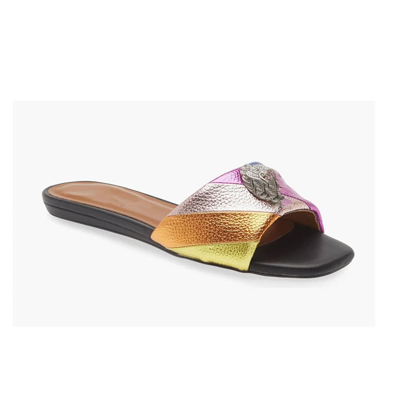 2026 New Export Style Layered Round Toe Open Back Eagle Pattern Metallic Striped Flat Sandals for Women