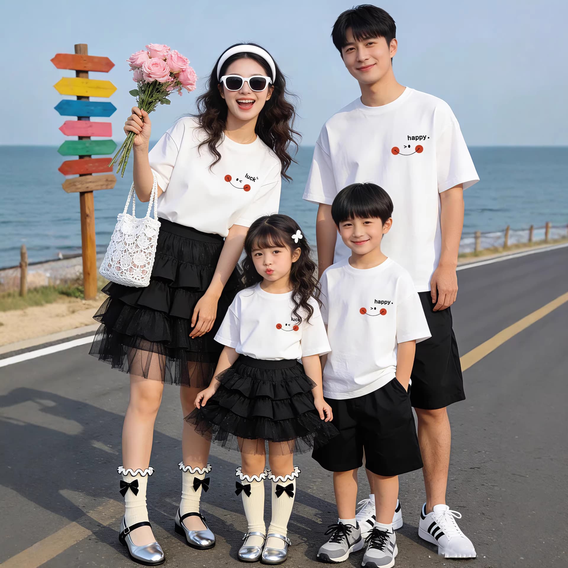 Summer family matching outfits for four, pure cotton short-sleeve travel and vacation wear for mother and daughter, suitable for Douyin, Kuaishou, and Xiaohongshu promotion