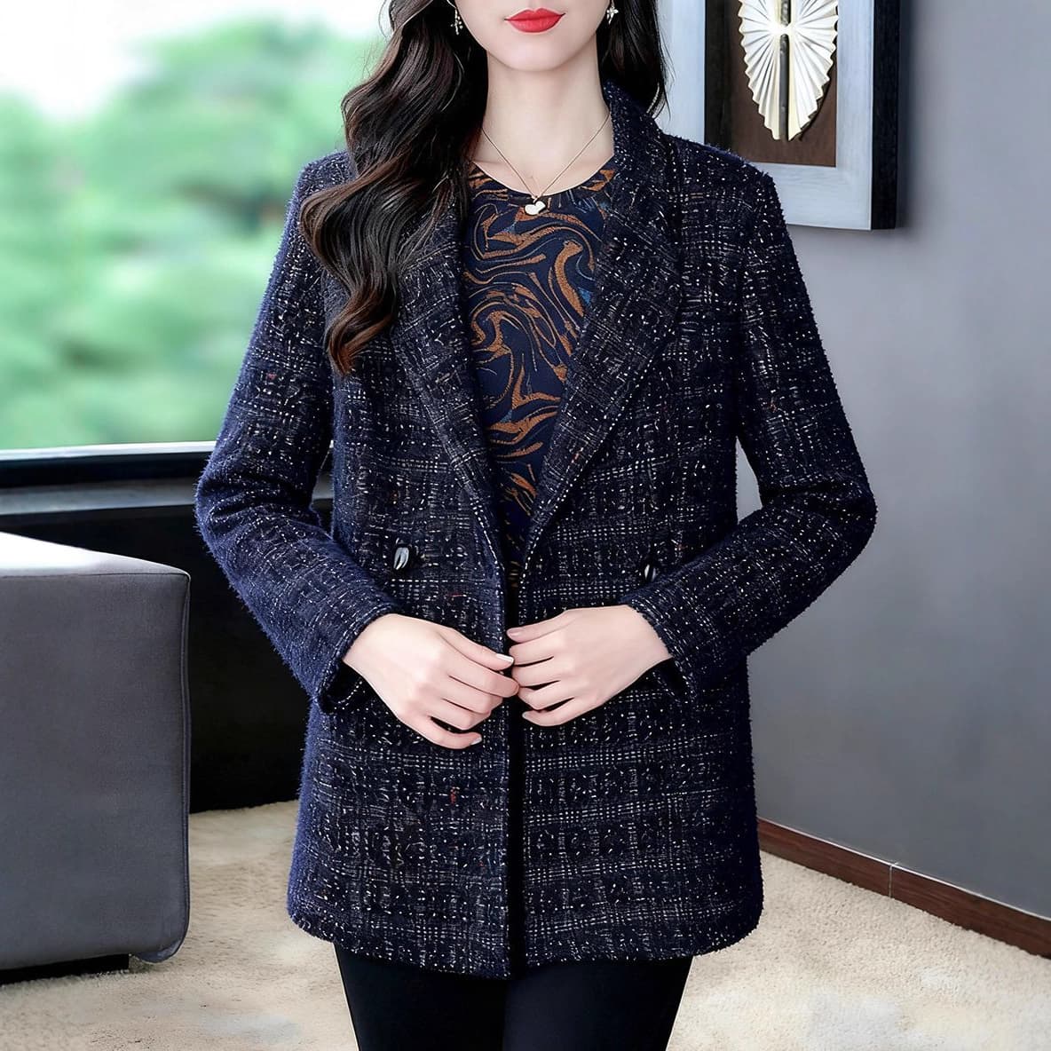 2025 autumn and winter fashionable worsted woolen small fragrance style long-sleeved cardigan plus size fat mother coat plus size women's clothing