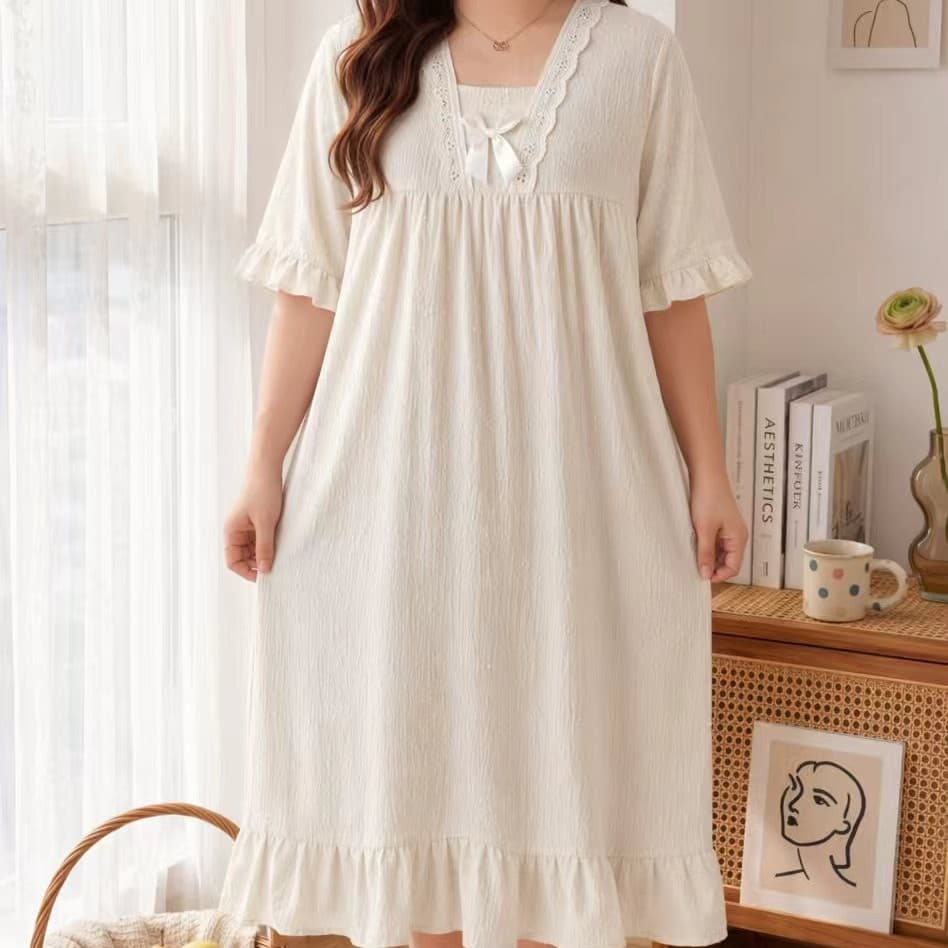 Summer Thin Cloud Cotton Jacquard Short Sleeve Long Dress for Women, Wearable Outdoors, Fairy Style, Loose and Sweet Sleepwear for Women
