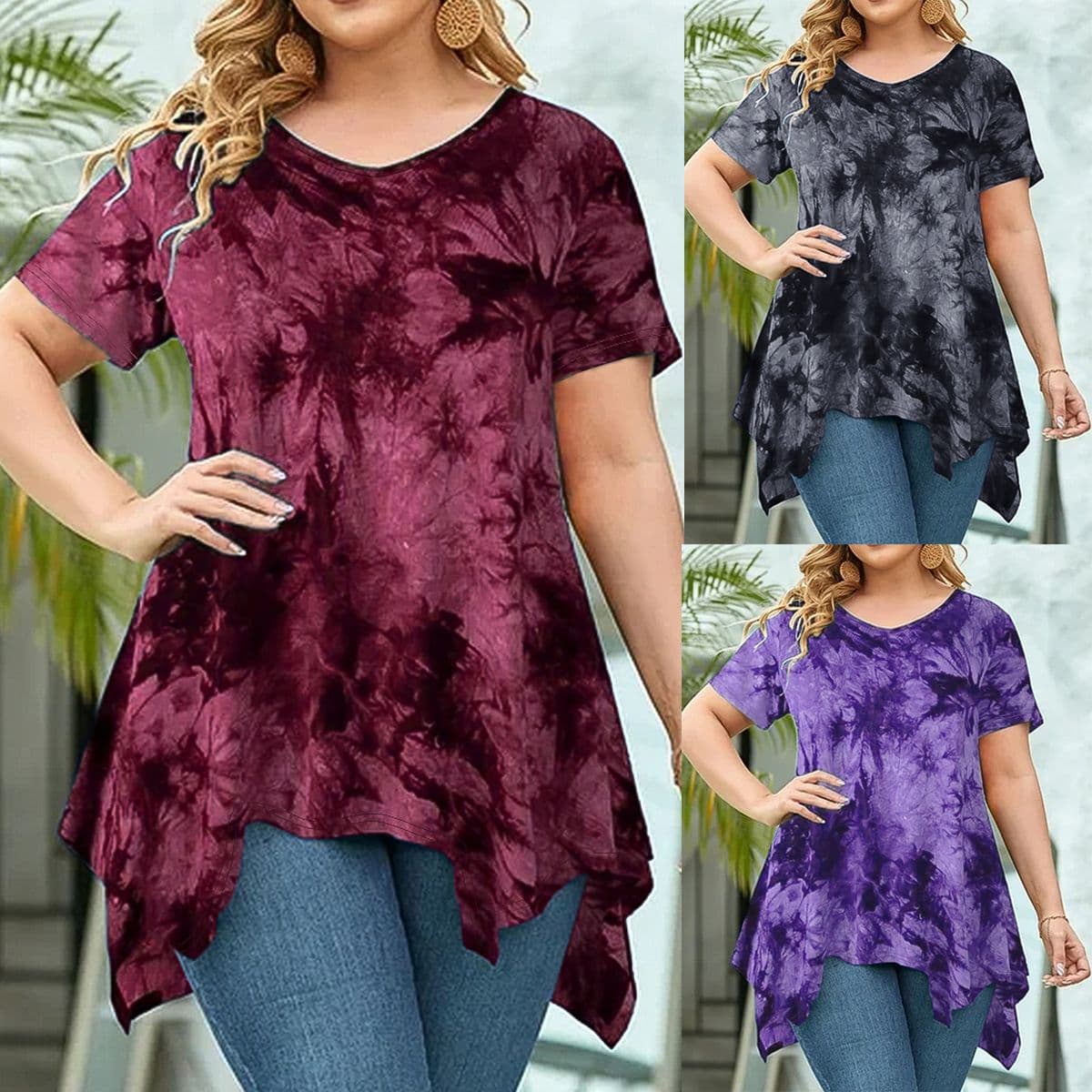2025 European/American Amazon Cross-border Plus Size Fashion Women's Wear Tie-Dye V-Neck Hem Irregular Short Sleeve Loose Top
