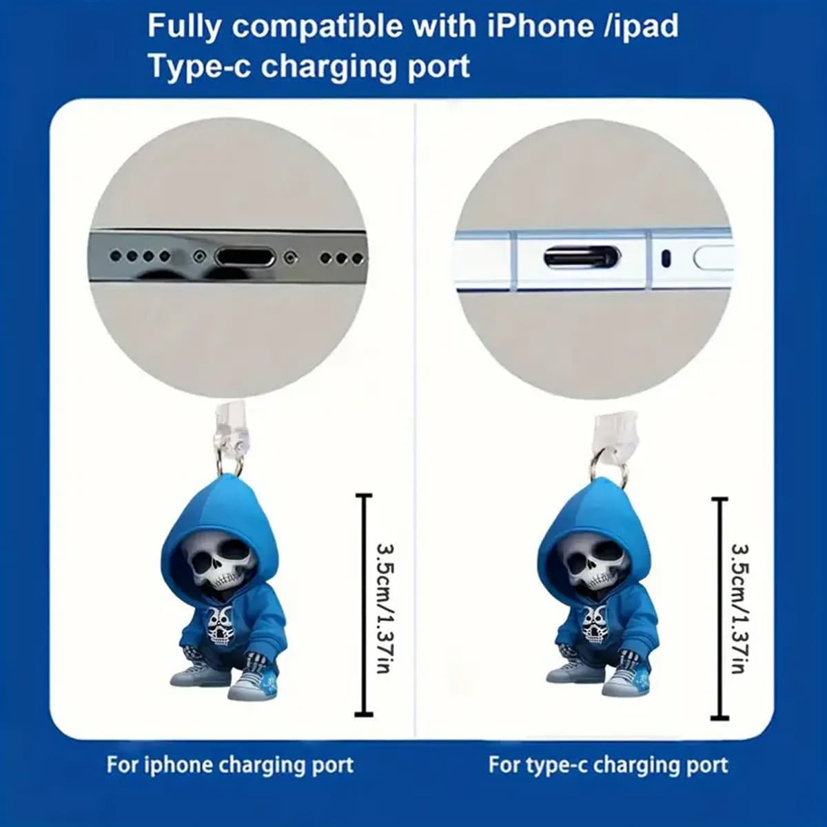 Suitable for Apple iPhone charging port and Type-C interface, hoodie skull acrylic pendant phone dust plug