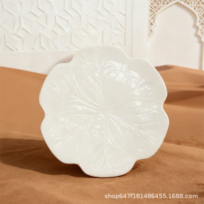 Home Ceramic Dinner Plate Creative Cabbage Relief Tableware Flower-Shaped Dining Plate Tray Dessert Restaurant Light Luxury Flat Plate