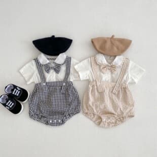 Summer Baby Romper for Boys and Girls, Plaid Print, Faux Two-Piece, Triangle Bodysuit, Crawling Outfit, Class A