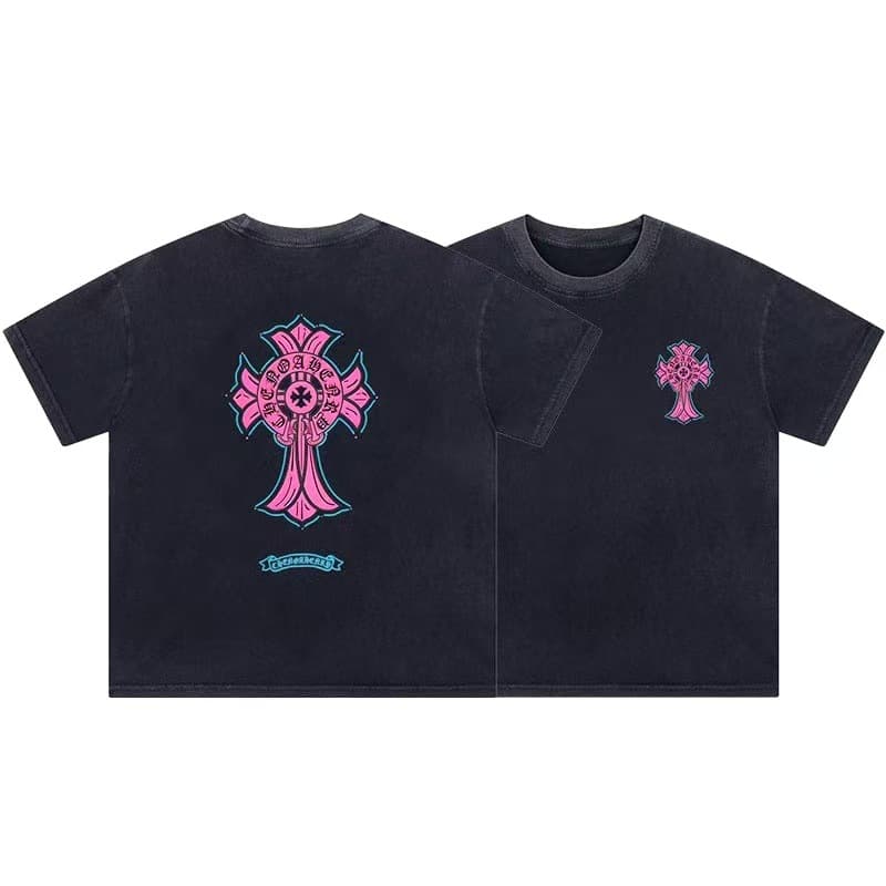2026 Summer New Cross Print Loose Unisex Short Sleeve T-Shirt Streetwear Hip Hop Style Pure Cotton Couple