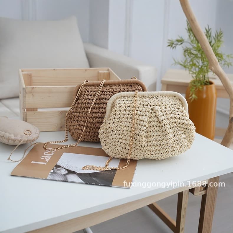 2026 New Handmade Woven Bag, Solid Color Versatile Shoulder Bag, Crossbody Bag, Women's Casual Vacation Beach Bag, Chain Bag