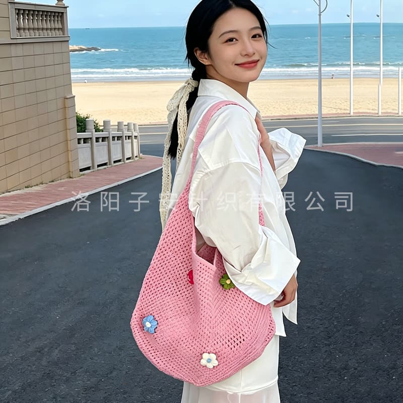 Large-capacity woven bag summer niche design red hollow straw bag seaside travel shoulder tote bag