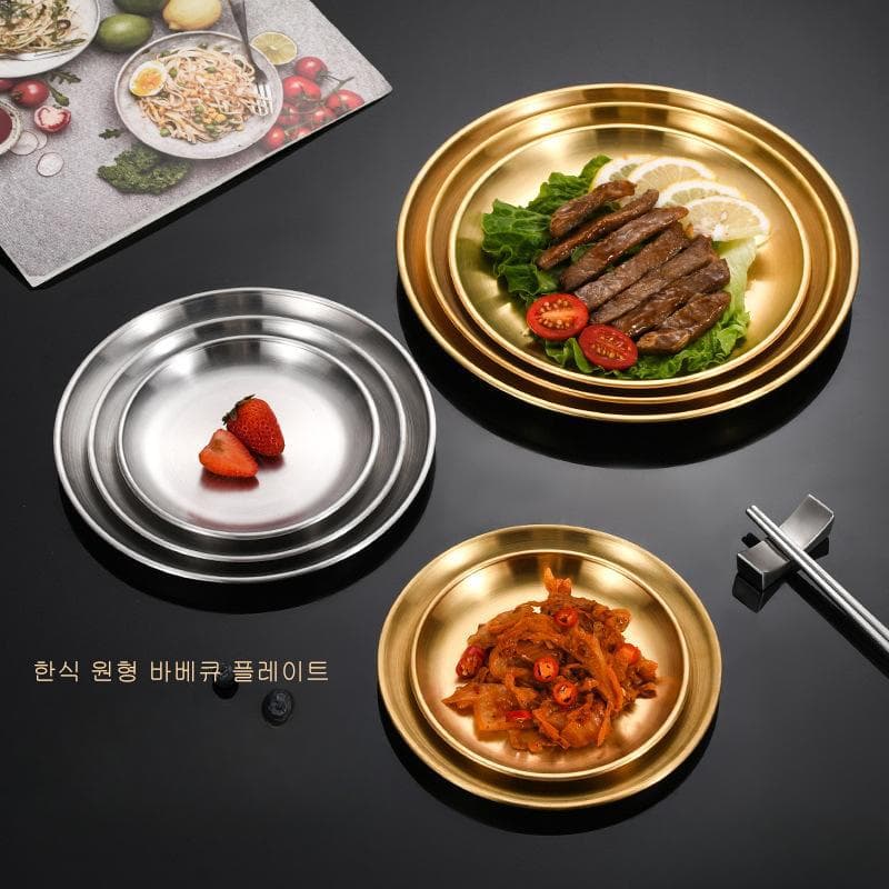 Korean-style Stainless Steel Plate, Gold BBQ Thickened Fruit Plate, Round Plate, Household Shallow Plate, Bone Dish Tray, Baking Tray