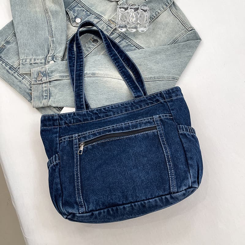 Denim Casual Canvas Bag, Ins Simple Solid Color Large Capacity Tote, Fashion Retro Single Shoulder Bag for Women